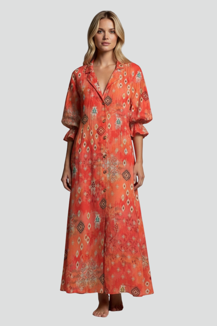 Women’s Floral Maxi Dress with Long Sleeves and V-Neck