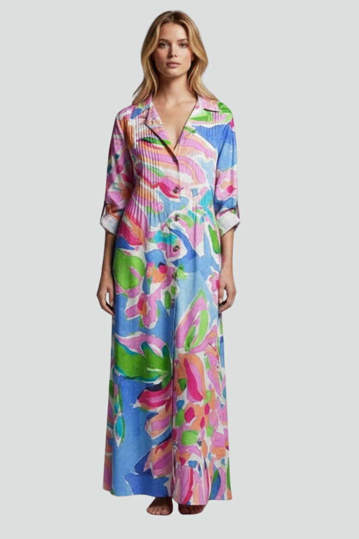 Women’s Floral Maxi Dress with Long Sleeves and V-Neck