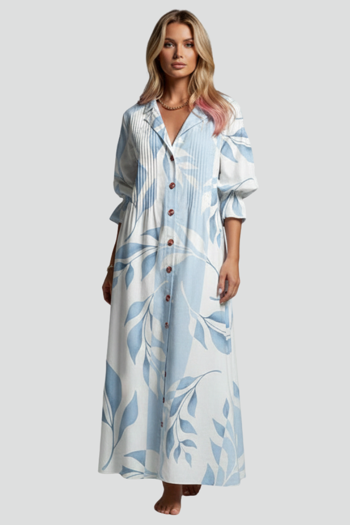 Women’s Floral Maxi Dress with Long Sleeves and V-Neck