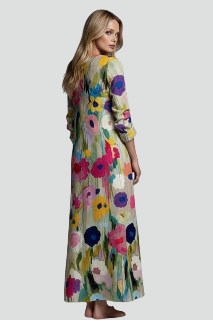 Women’s Floral Maxi Dress with Long Sleeves and V-Neck