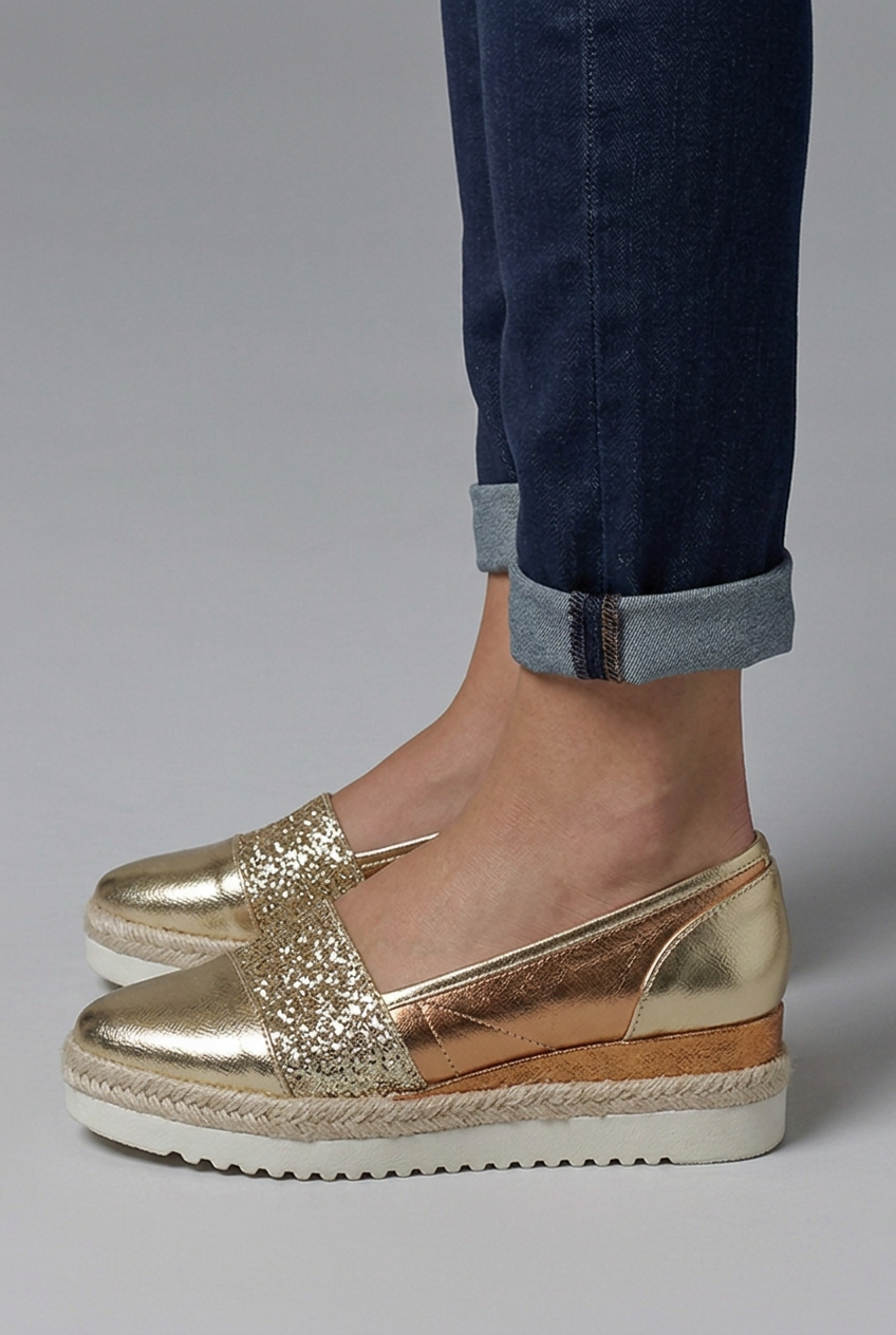 Women's Gold Orthopaedic Slip-On Wedge Loafers with Glitter Detail for Spring