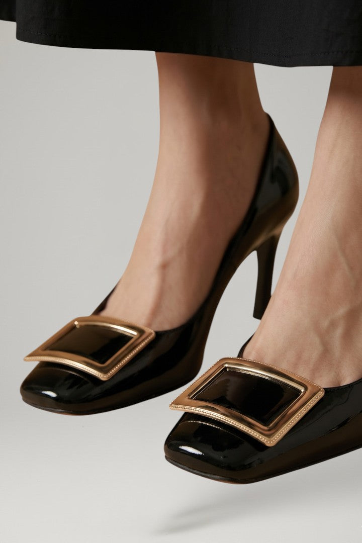 Women's Heeled Sandals with Square Toe and Metallic Accent