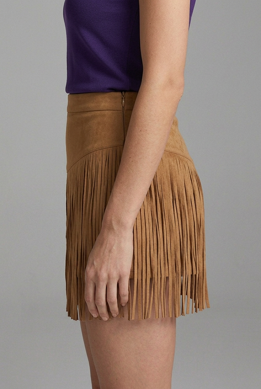 Women’s High-Waist Suede-Look Mini Skirt with Long Fringe