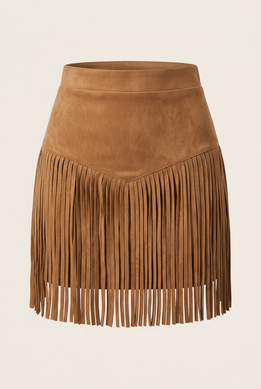 Women’s High-Waist Suede-Look Mini Skirt with Long Fringe