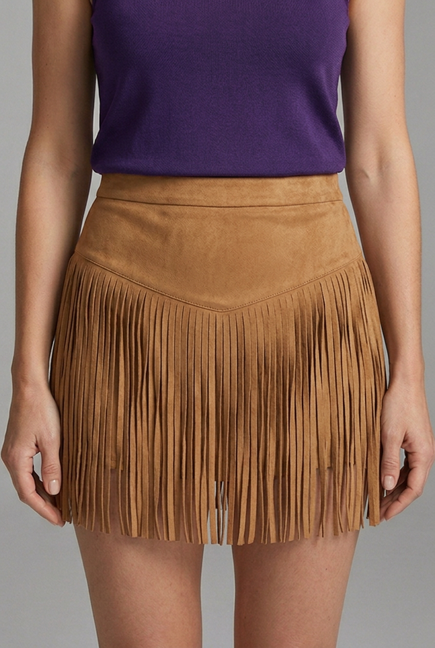 Women’s High-Waist Suede-Look Mini Skirt with Long Fringe