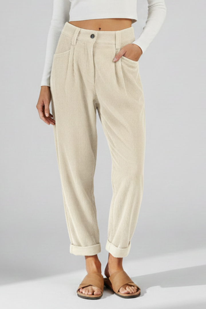 Women’s High-Waisted Trousers with Vertical Ribbing and Wide Leg