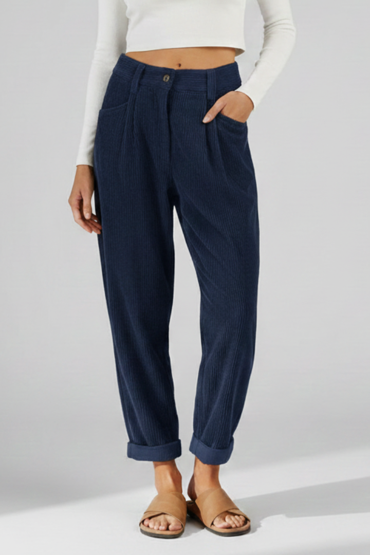 Women’s High-Waisted Trousers with Vertical Ribbing and Wide Leg