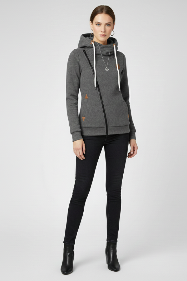 Women’s Hooded Jacket with Asymmetrical Zip and Drawstring