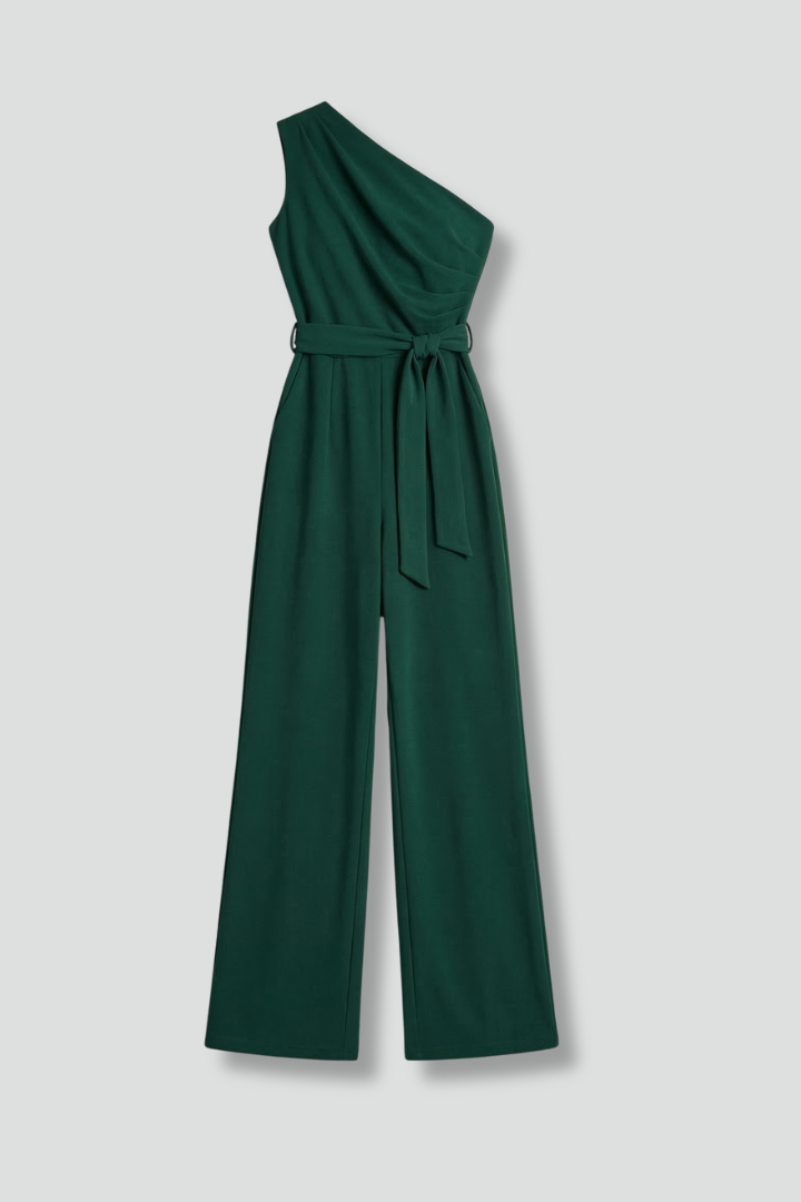 Women’s Jumpsuit with Asymmetric Neckline and Waist Belt