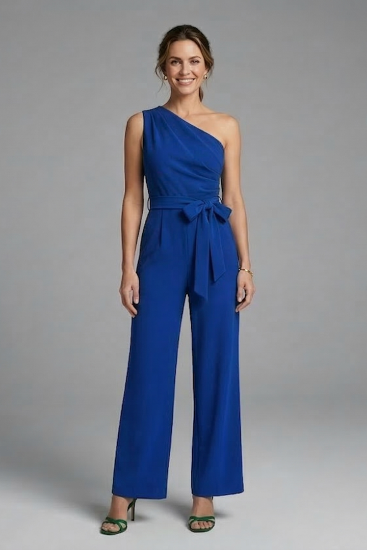 Women’s Jumpsuit with Asymmetric Neckline and Waist Belt