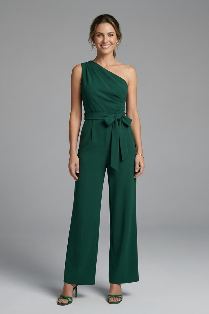Women’s Jumpsuit with Asymmetric Neckline and Waist Belt