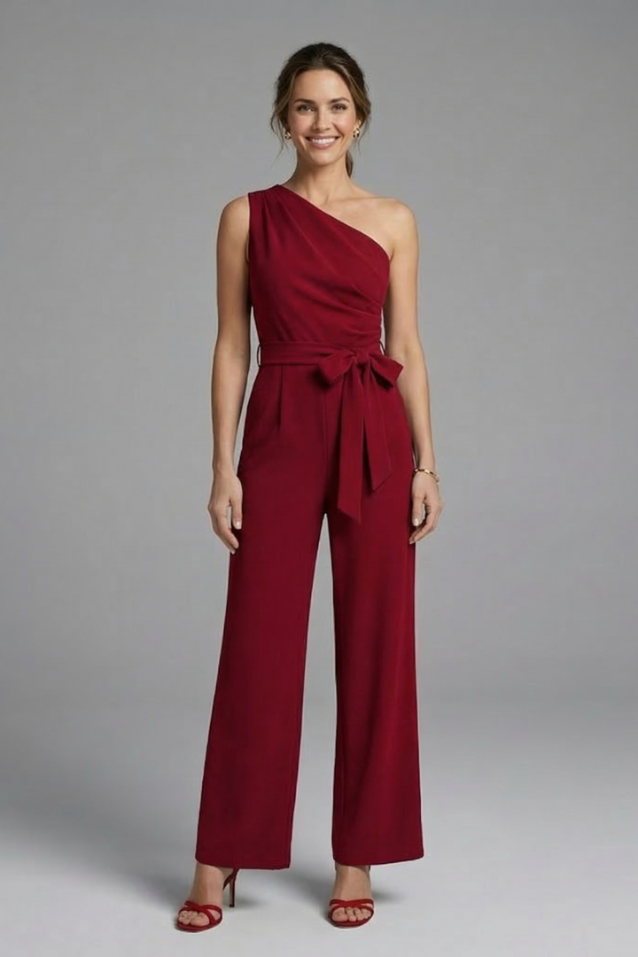 Women’s Jumpsuit with Asymmetric Neckline and Waist Belt