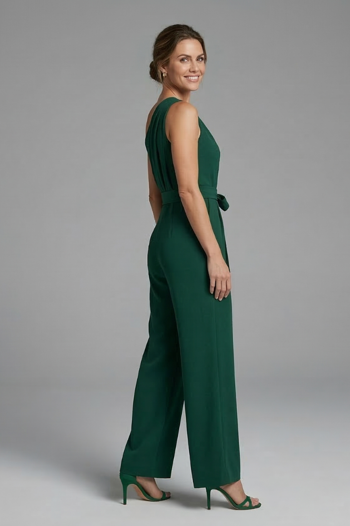 Women’s Jumpsuit with Asymmetric Neckline and Waist Belt