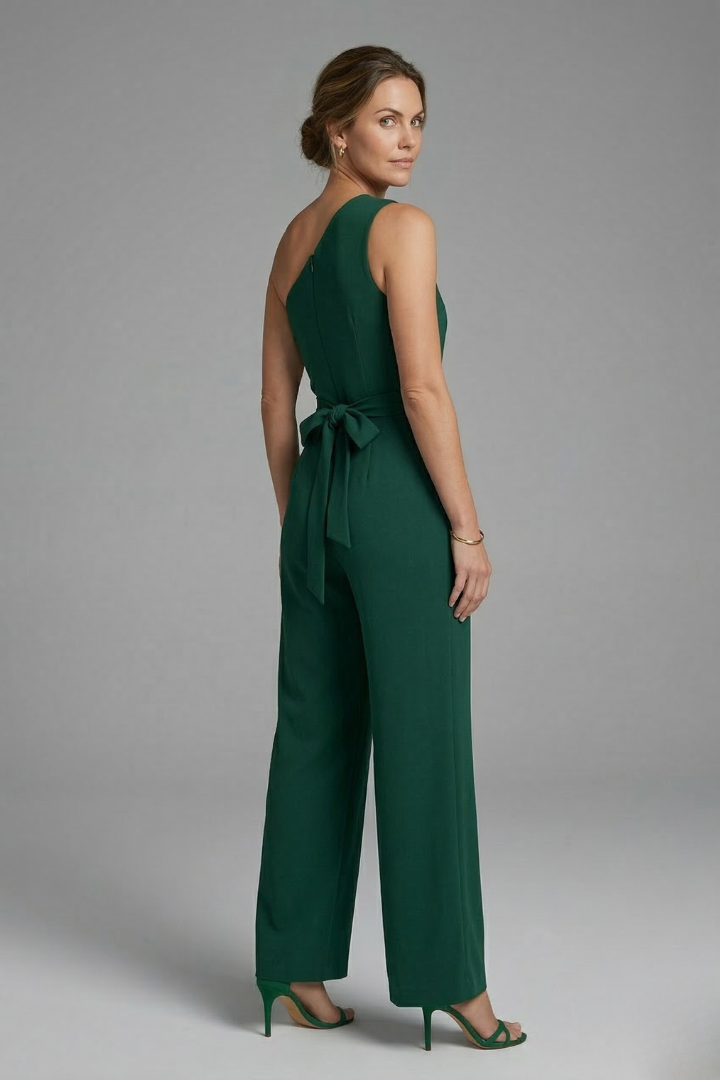 Women’s Jumpsuit with Asymmetric Neckline and Waist Belt