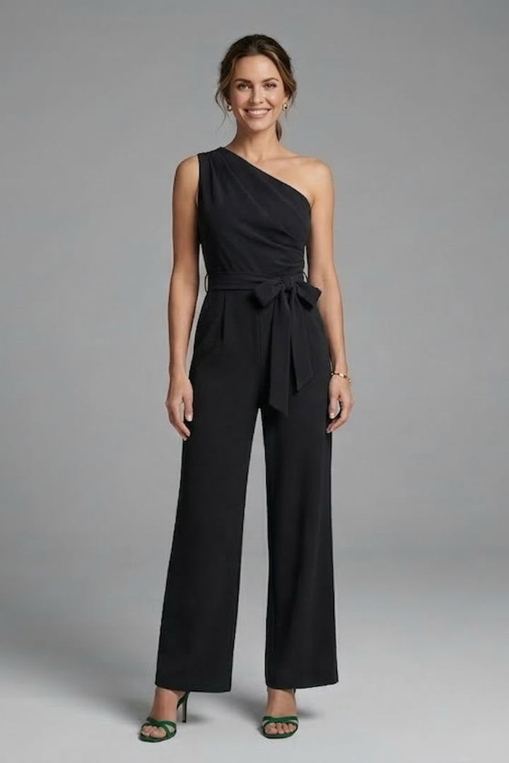 Women’s Jumpsuit with Asymmetric Neckline and Waist Belt