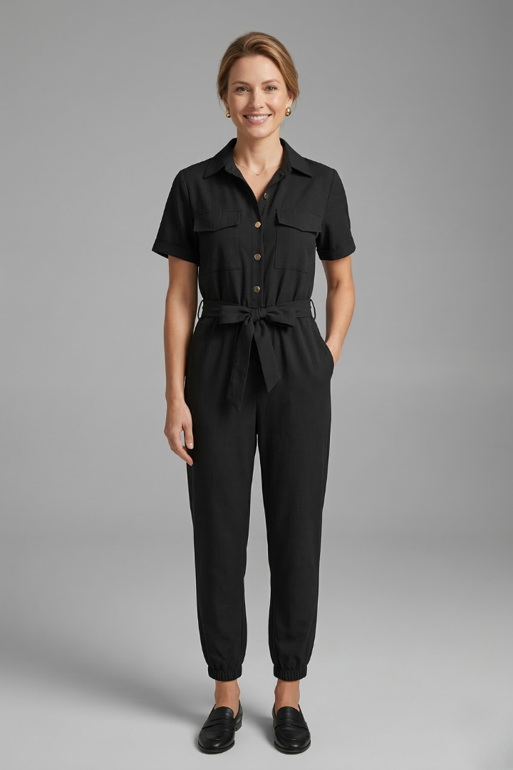Women’s Jumpsuit with Collar Neckline and Button Fastening