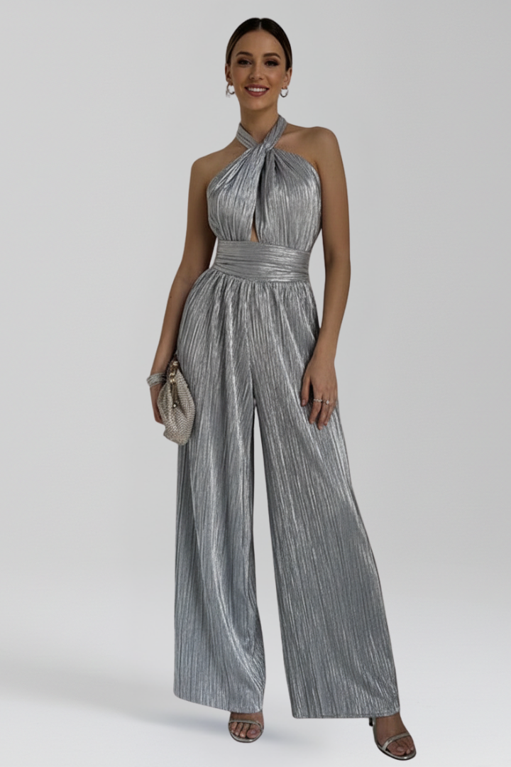 Women’s Jumpsuit with Halter Neckline and Pleated Surface