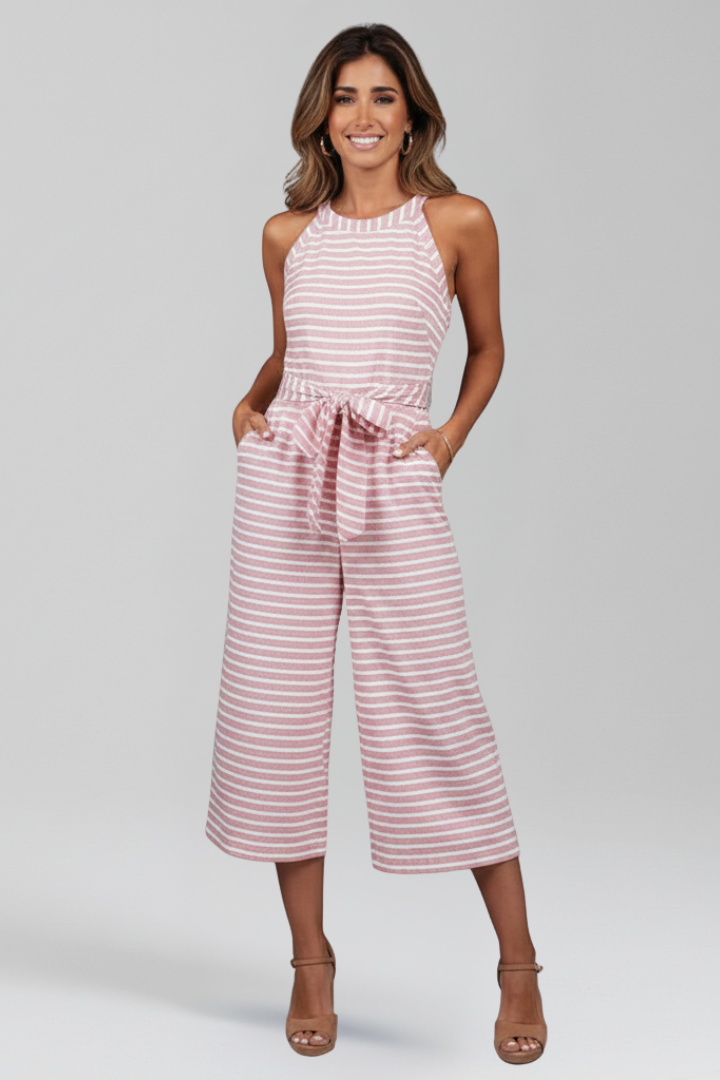 Women’s Jumpsuit with Halter Neckline and Waist Belt