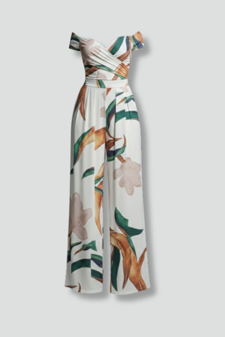 Women’s Jumpsuit with Off-Shoulder Neckline and Printed Surface