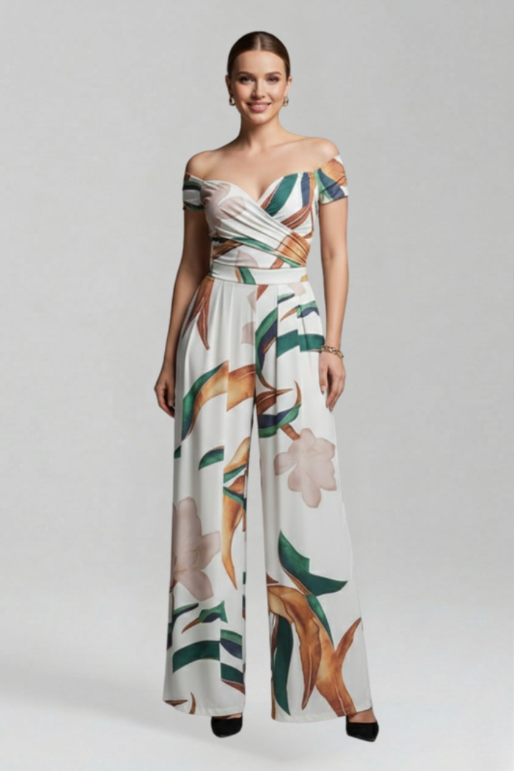 Women’s Jumpsuit with Off-Shoulder Neckline and Printed Surface