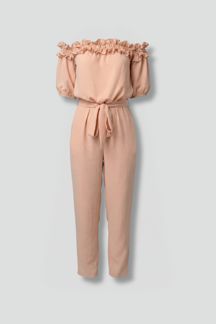 Women’s Jumpsuit with Off-Shoulder Neckline and Waist Tie
