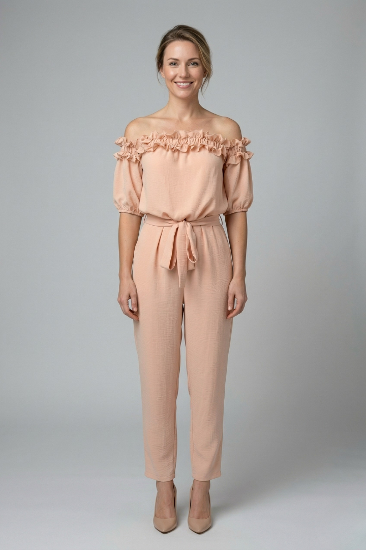Women’s Jumpsuit with Off-Shoulder Neckline and Waist Tie