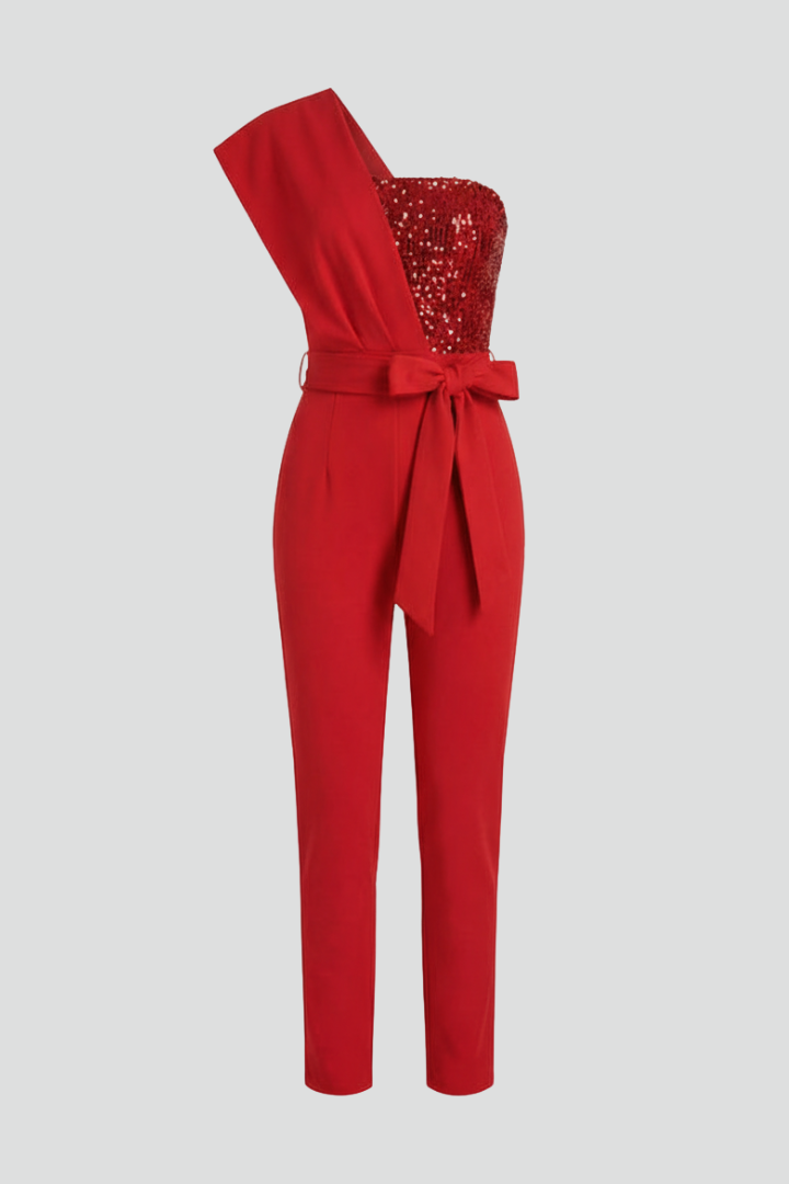 Women’s Jumpsuit with One-Shoulder Neckline and Tied Waist
