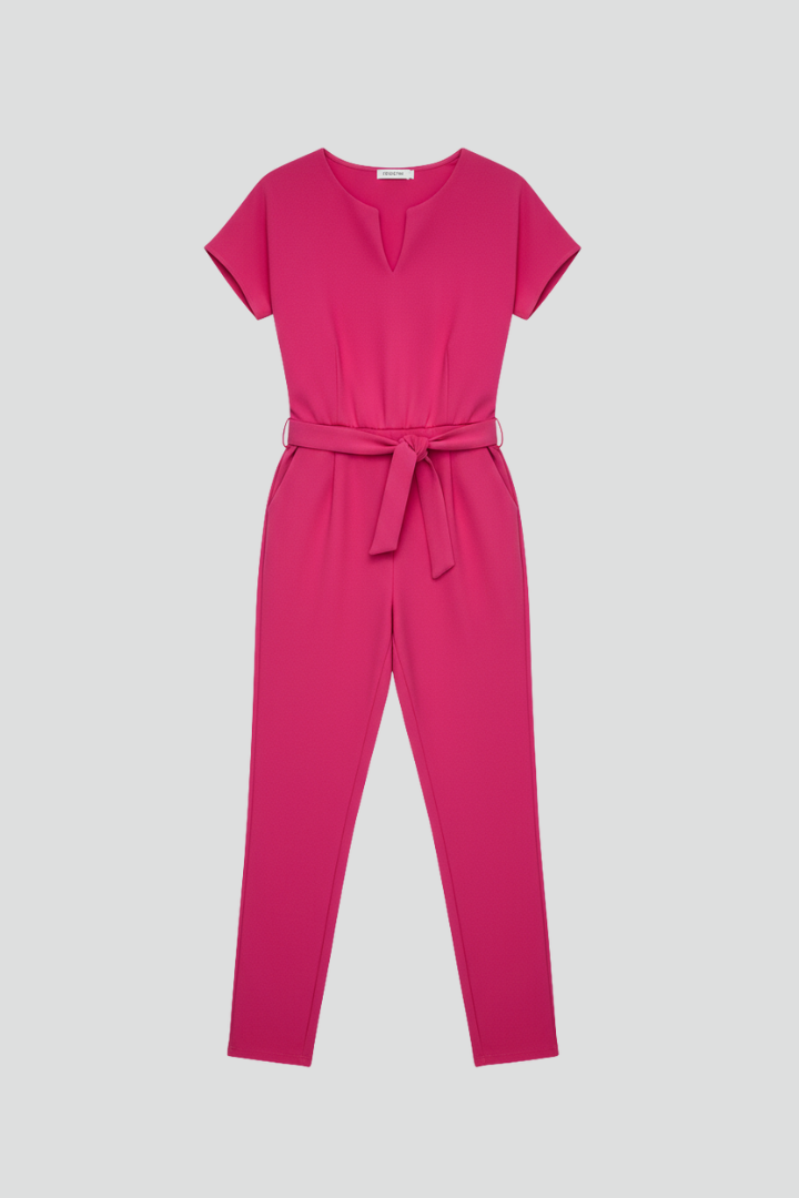 Women’s Jumpsuit with Round Neckline and Waist Tie