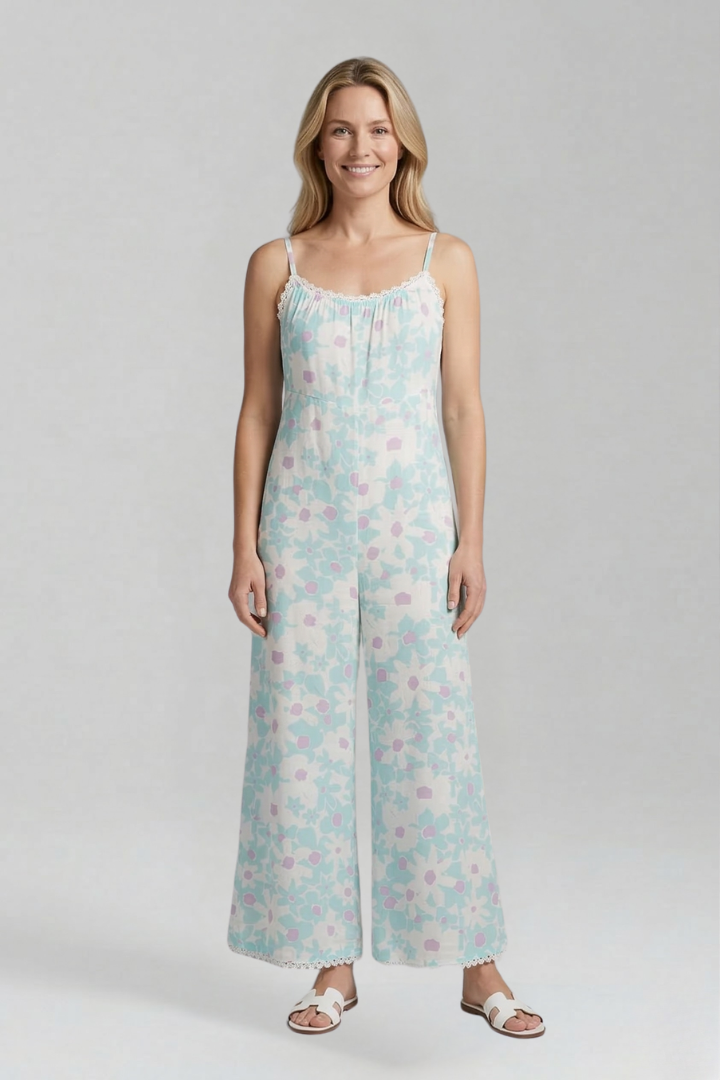 Women’s Jumpsuit with Square Neckline and Printed Surface