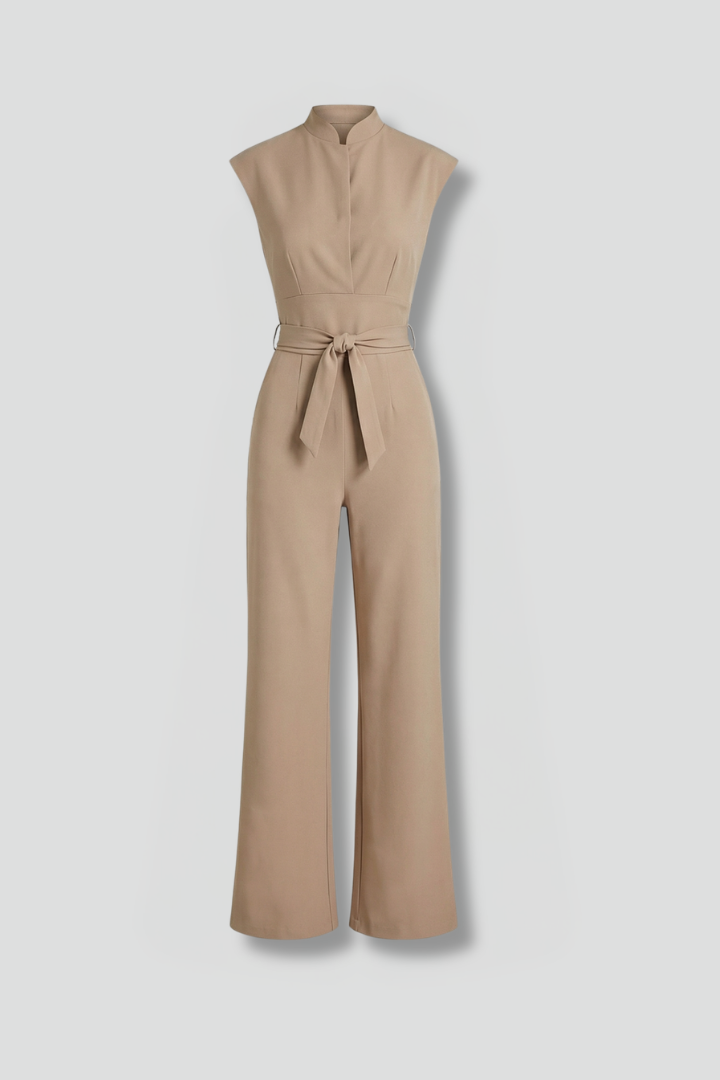 Women’s Jumpsuit with Stand Collar and Waist Tie