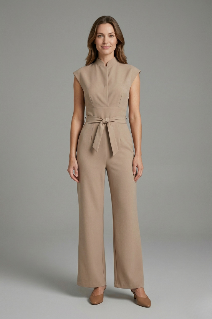 Women’s Jumpsuit with Stand Collar and Waist Tie
