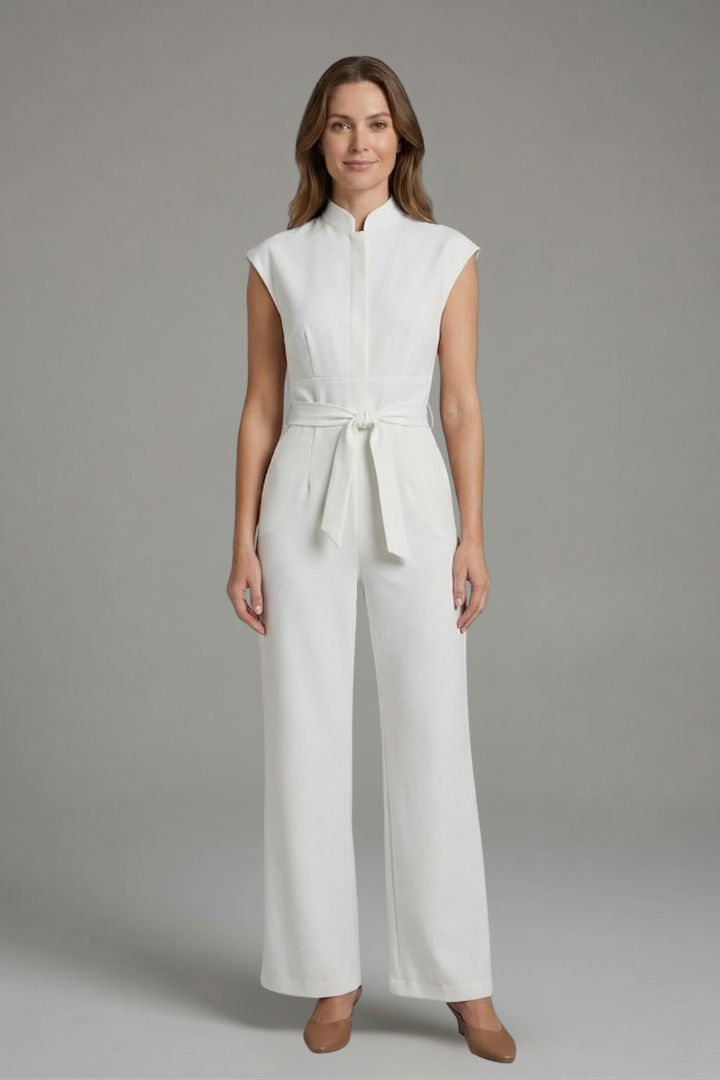 Women’s Jumpsuit with Stand Collar and Waist Tie