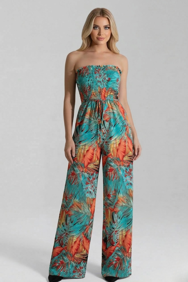 Women’s Jumpsuit with Strapless Neckline and Printed Surface