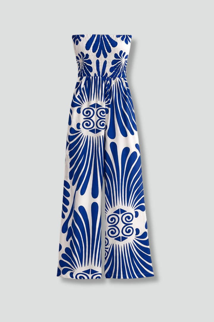 Women’s Jumpsuit with Strapless Neckline and Printed Surface