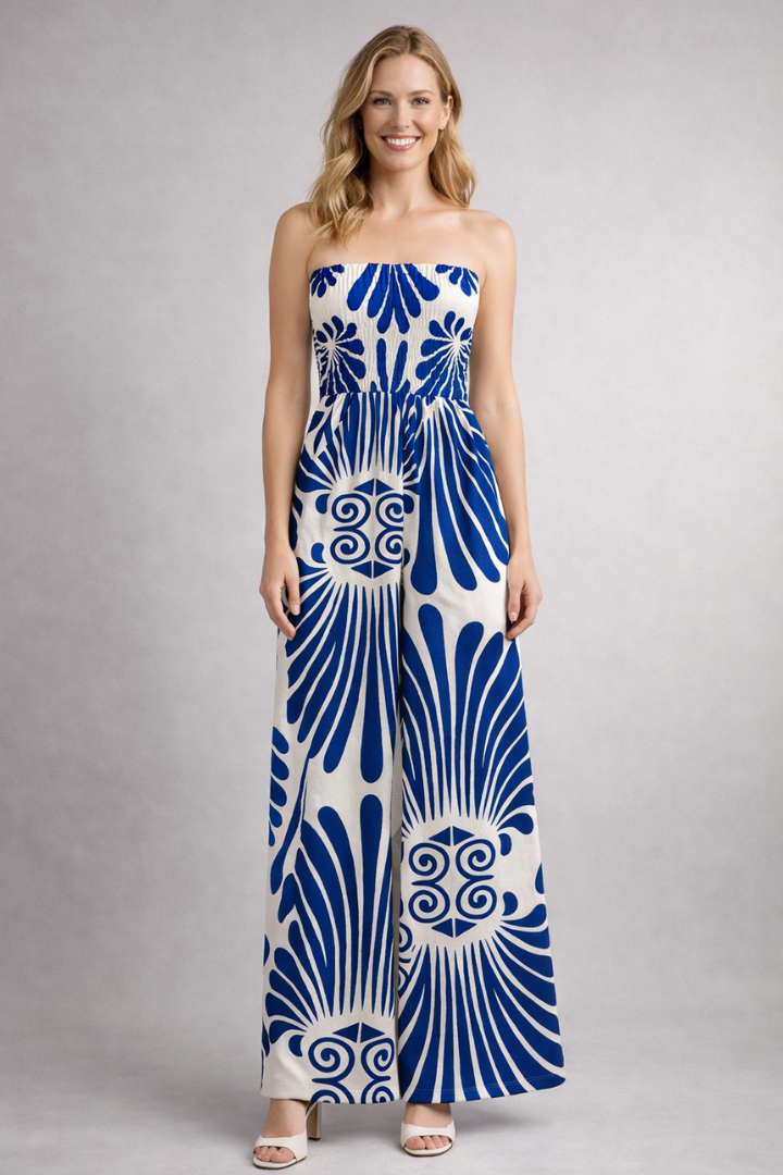 Women’s Jumpsuit with Strapless Neckline and Printed Surface