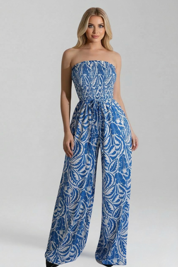Women’s Jumpsuit with Strapless Neckline and Printed Surface