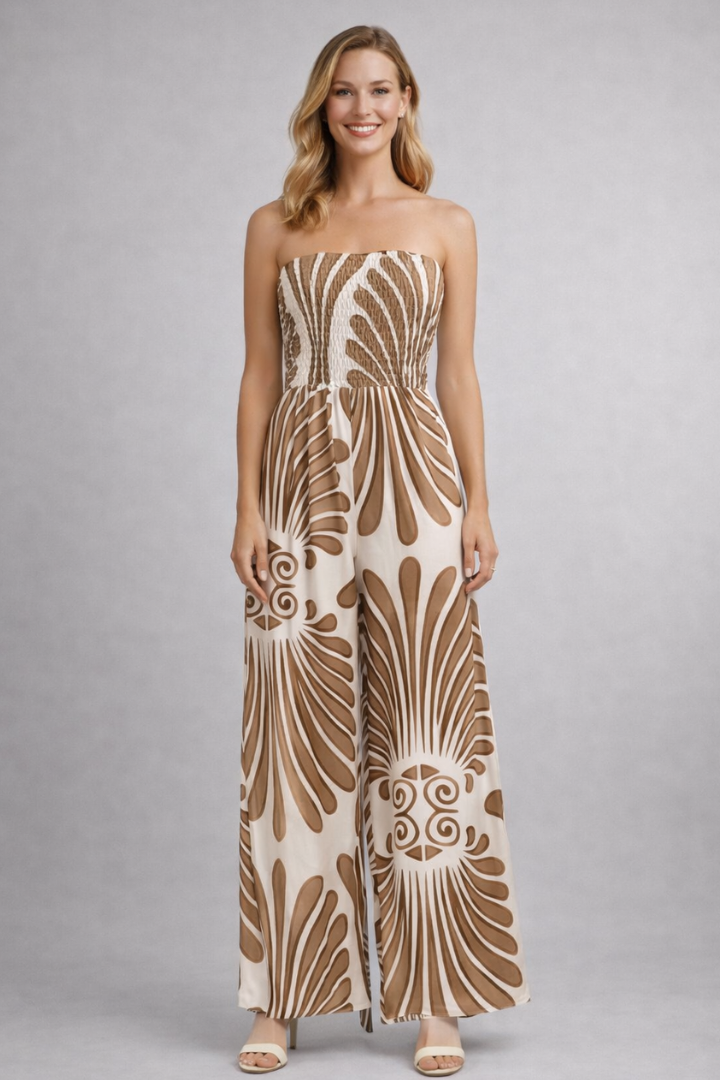 Women’s Jumpsuit with Strapless Neckline and Printed Surface