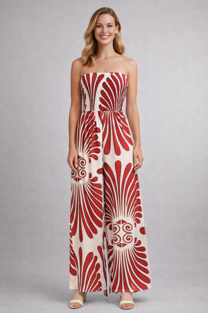 Women’s Jumpsuit with Strapless Neckline and Printed Surface