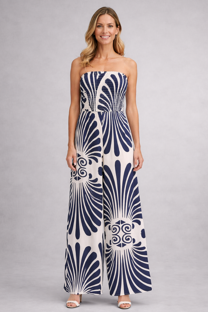 Women’s Jumpsuit with Strapless Neckline and Printed Surface