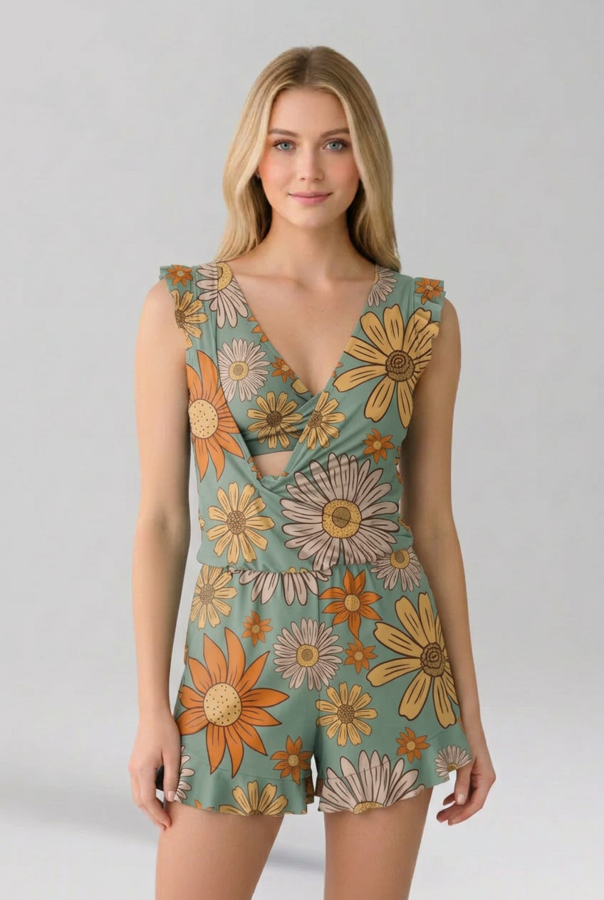 Women’s Jumpsuit with V Neckline and Floral Surface