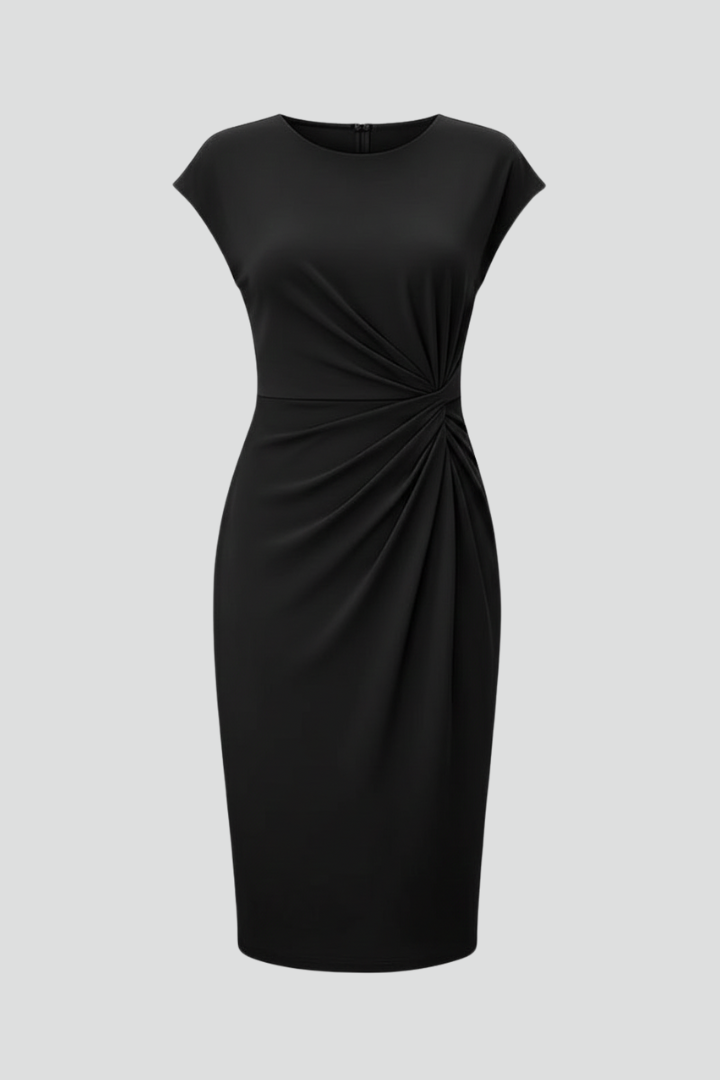Womens knee length dress with round neckline cap sleeves ruched waist and fitted outline Womens knee length dress with round neckline cap sleeves ruched waist and fitted outline