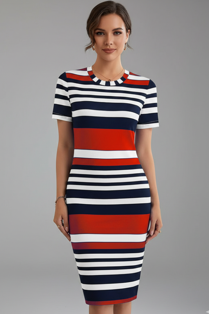 Women’s Knee-Length Dress with Stripe Pattern and Short Sleeves