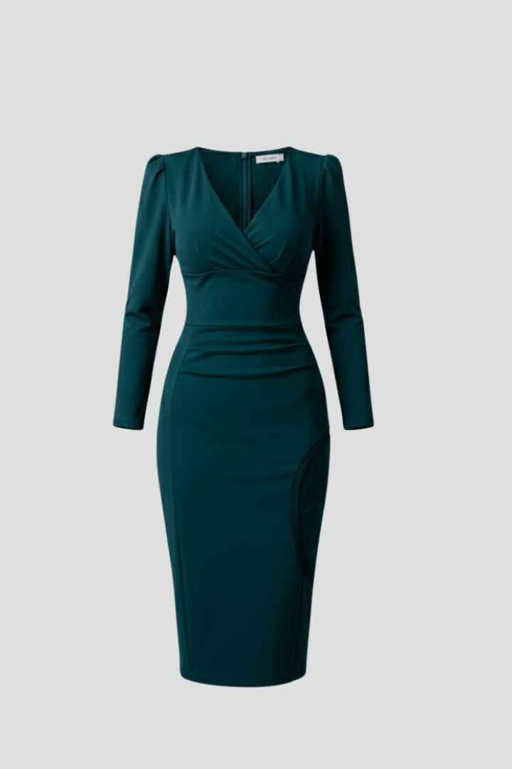 Women’s Knee-Length Dress with V Neckline and Long Sleeves