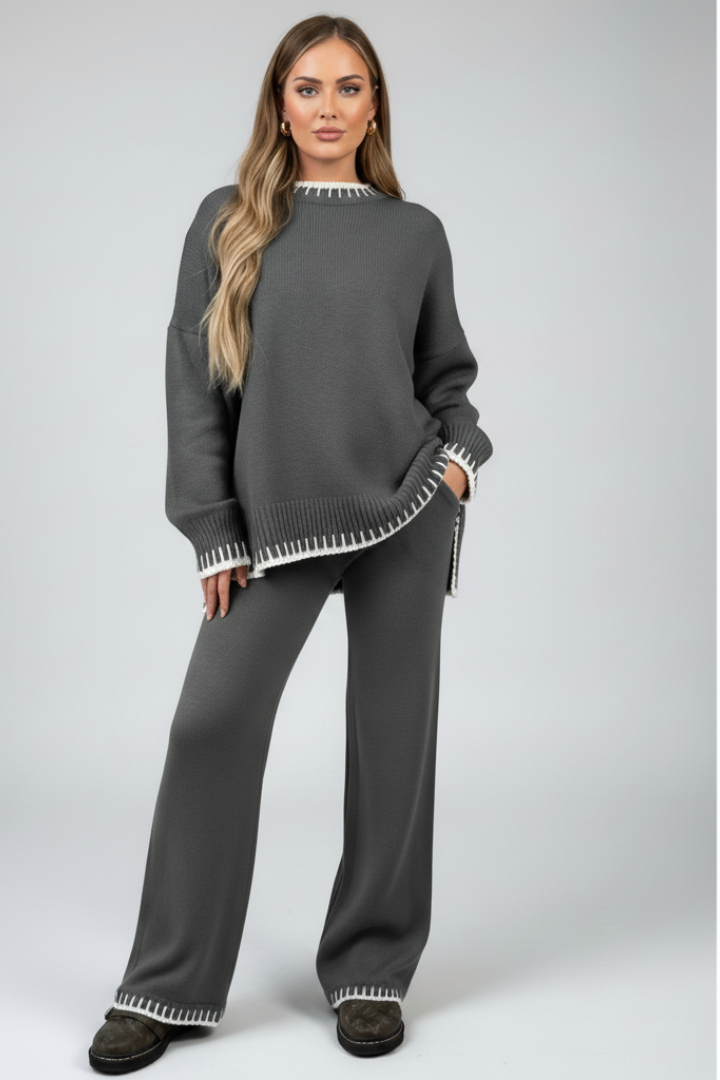 Women’s Knit Lounge Set with Relaxed Top and Wide-Leg Trousers