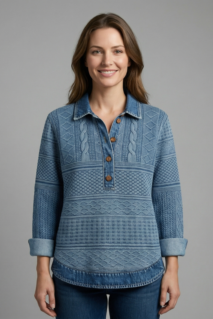 Women’s Knit Top with Button Closure and Textured Surface