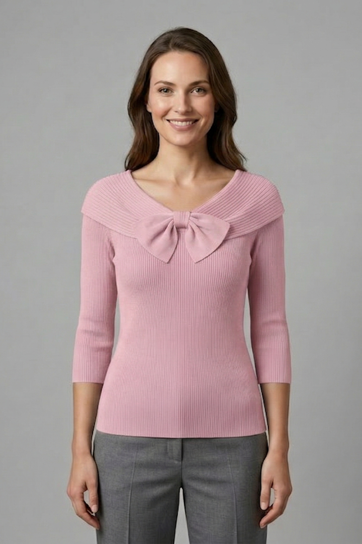 Women’s Knitted Top with Bow Detail and Long Sleeves