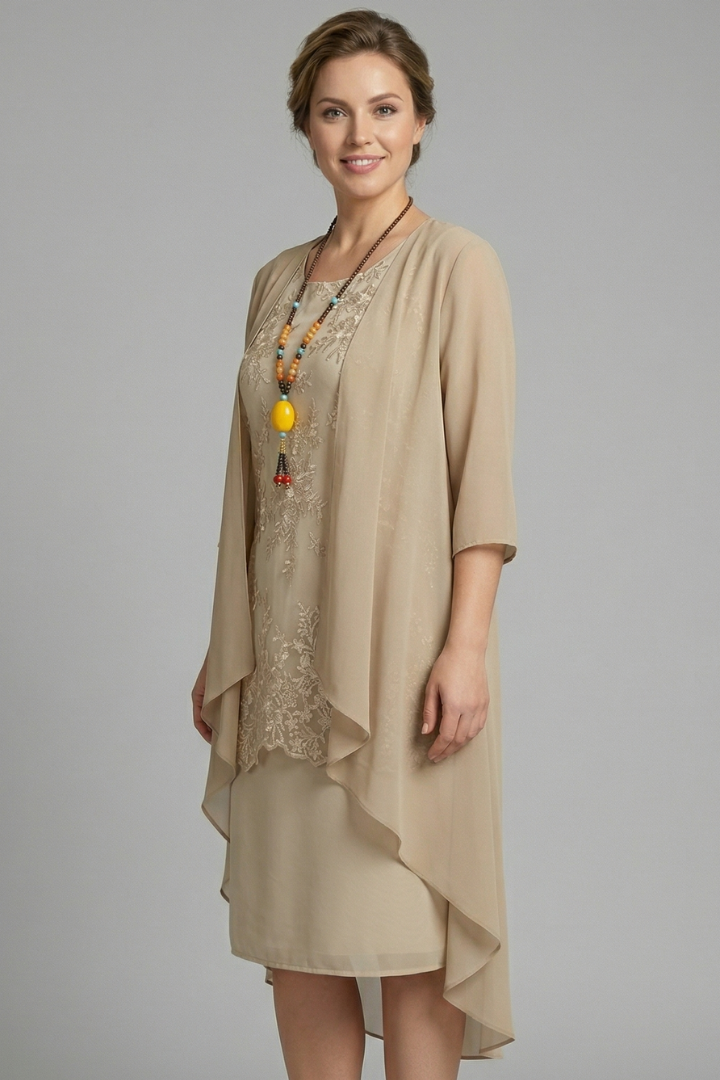 Women’s Layered Dress with Round Neck and Sheer Overlay