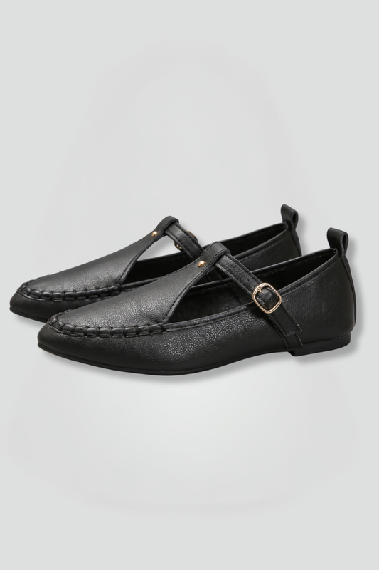Women's Leather Flats with Adjustable Buckle Strap for Everyday Wear