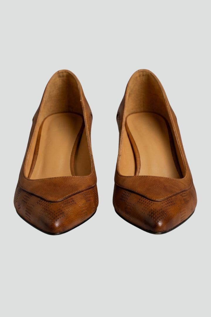 Women's Leather Heels with Embossed Surface and Flared Heel