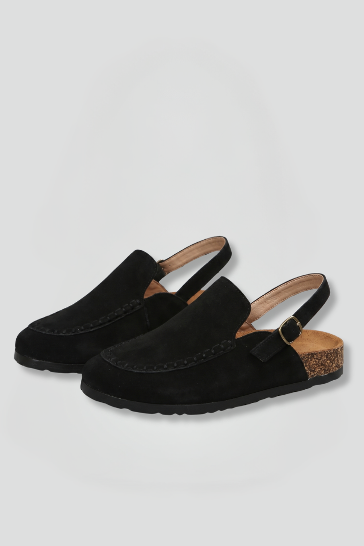 Women's Leather Mules Slippers with Round Toe and Buckle